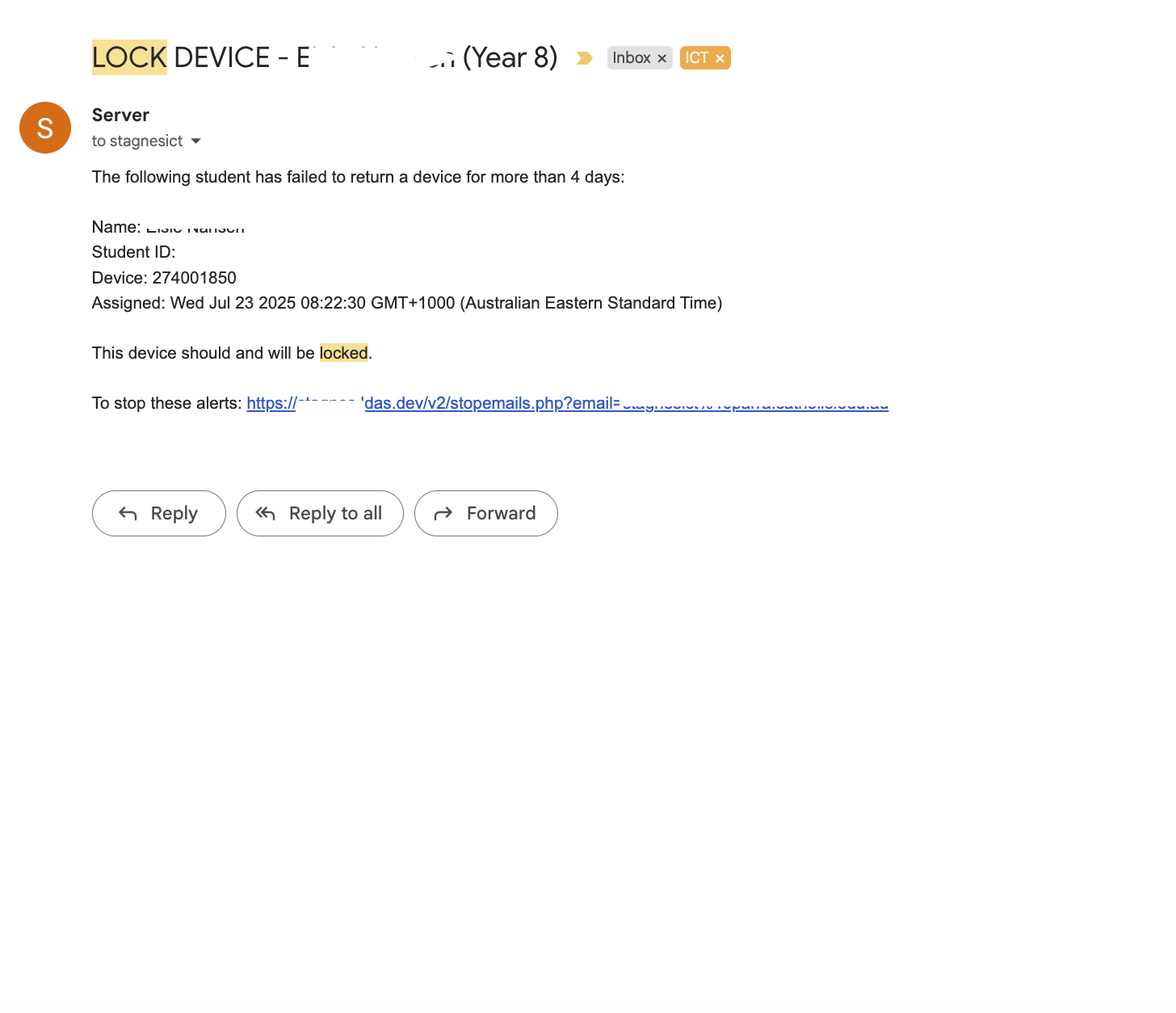 Lock device escalation email (4-day)