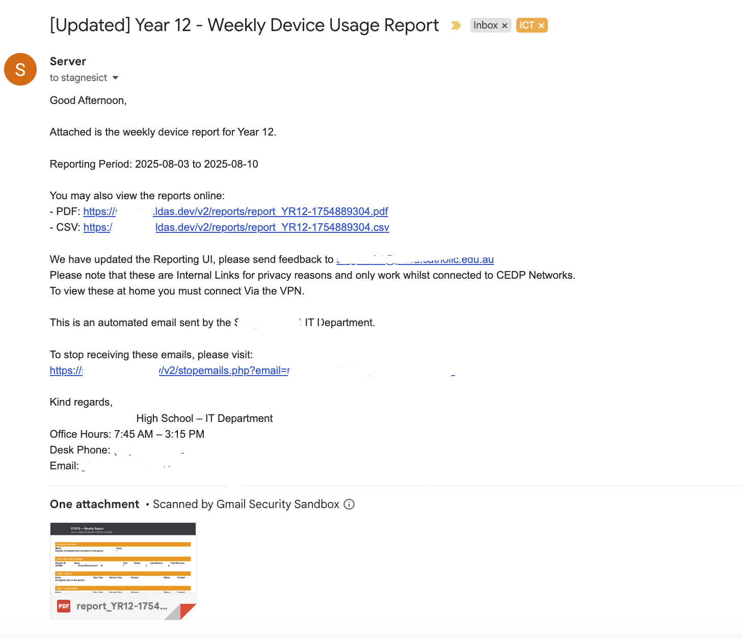 Weekly report email example