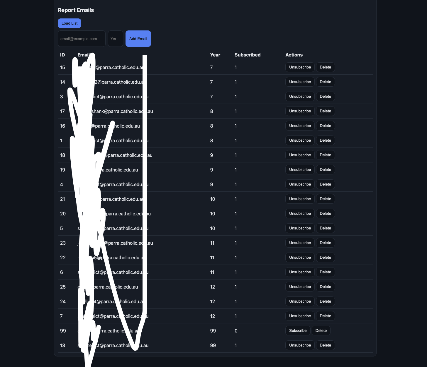 Report emails subscription list UI